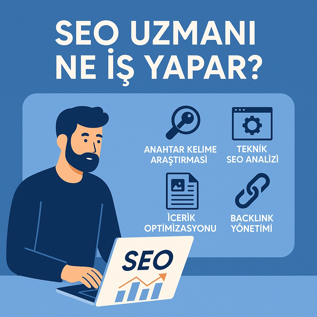 Dizüstü bilgisayarında çalışan bir SEO uzmanı, etrafında anahtar kelime araştırması, teknik SEO analizi, içerik optimizasyonu ve backlink yönetimi simgeleri bulunan illüstrasyon.
