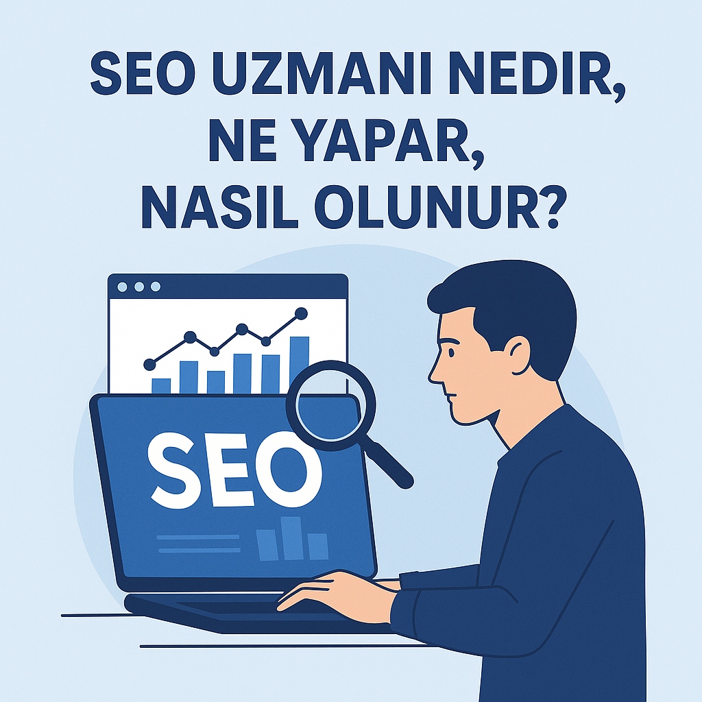 Bilgisayar başında SEO analizi yapan dijital pazarlama uzmanı, ekranında büyüteç ve grafik simgeleriyle “SEO Uzmanı Nedir, Ne Yapar, Nasıl Olunur?” başlıklı illüstrasyon.